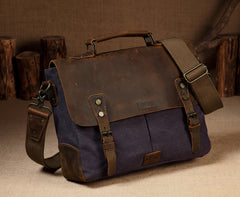 Office Messenger Bag Laptop Bag, Canvas & Leather, Blue/Gray, 14 inches