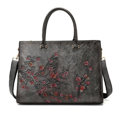 Work & Travel Floral Embossed Leather Laptop Tote Briefcase for Women