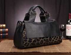 Genuine Leather Leopard Print Fold-Over Handbag Shoulder Bag for Women