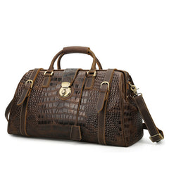 Crocodile Embossed Leather Weekender Duffel Bag, Dark Brown, One Size