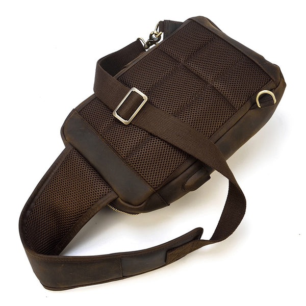 Leather Crossbody Bag Sling Bag Chest Bag - Dark Brown - USB Power Plug