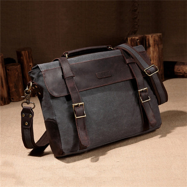 Laptop Carrying Bag Messenger Bag, Canvas & Leather, Gray/Tan, 14 inches