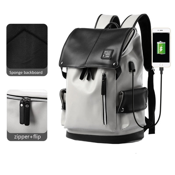 Unisex Black & White Vegan Leather Flap Backpack with USB Power Plug