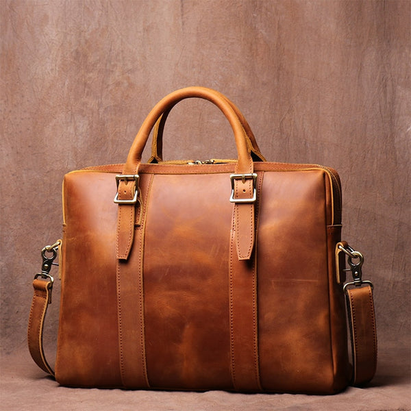 Men's Briefcase Crazy Horse Leather Office Briefcase in Brown, 15 inches