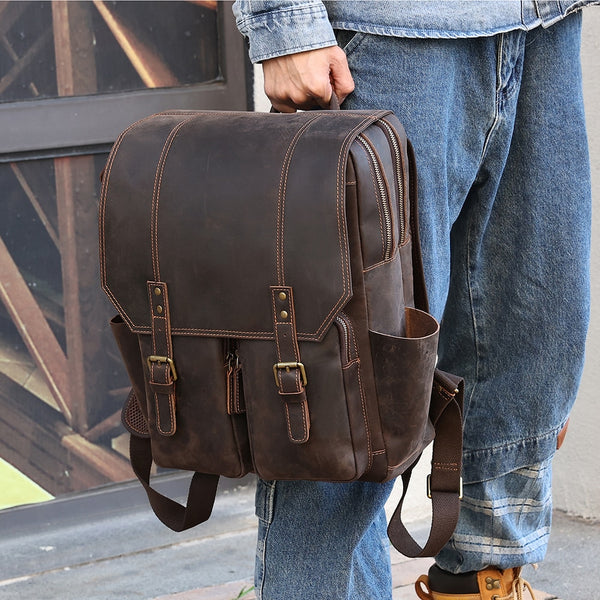 Document & Laptop Backpack, Top Layer Leather, Brown/Coffee, 17 inches