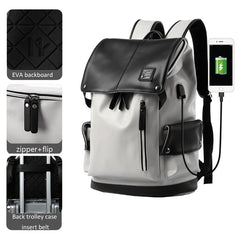 Unisex Black & White Vegan Leather Flap Backpack with USB Power Plug