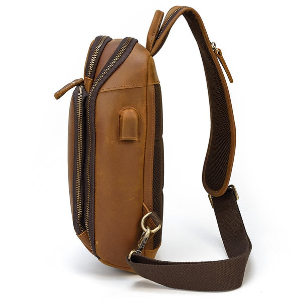 Leather Sling Bag Chest Bag Single Strap Pack - Brown - USB Power Plug