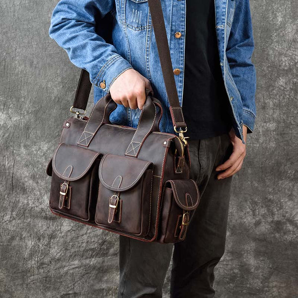 Classic Leather Briefcase Laptop Messenger for Men, Dark Brown, One Size