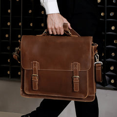 Vintage Business Briefcase Laptop Bag, Leather, Brown/Coffee, 17 inches