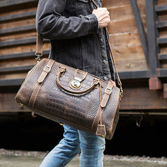 Crocodile Embossed Leather Weekender Duffel Bag, Dark Brown, One Size