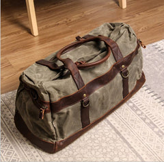 Waxed Canvas & Leather Overnighter Duffel Bag, Army Green/Gray/Khaki