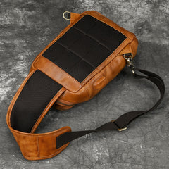 Leather Sling Bag Chest Bag Single Strap Pack - Caramel - USB Power Plug