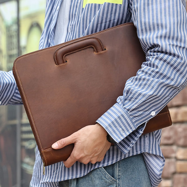 Compact Document Case Slim Laptop Briefcase, Brown Leather, 13 inches