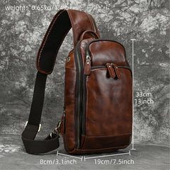 Leather Single Strap Pack Sling Bag Chest Bag - Coffee - USB Power Plug