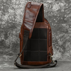 Leather Single Strap Pack Sling Bag Chest Bag - Coffee - USB Power Plug