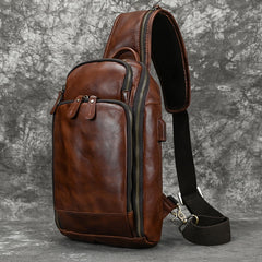 Leather Single Strap Pack Sling Bag Chest Bag - Coffee - USB Power Plug