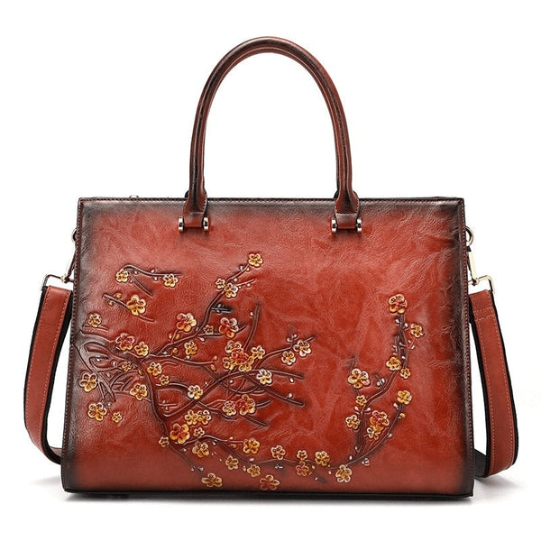 Work & Travel Floral Embossed Leather Laptop Tote Briefcase for Women