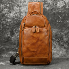 Leather Sling Bag Chest Bag Single Strap Pack - Caramel - USB Power Plug