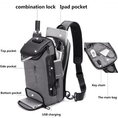 Anti Theft Sling Bag Crossbody Bag Chest Bag, USB Power Plug, Black/Gray