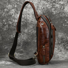 Leather Single Strap Pack Sling Bag Chest Bag - Coffee - USB Power Plug