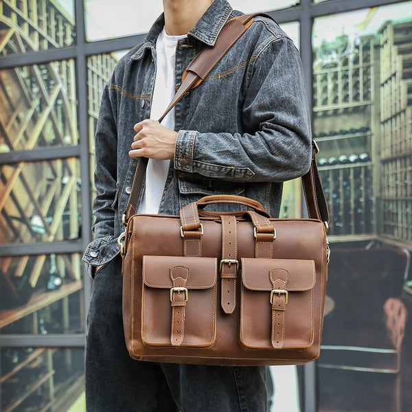 Document Briefcase Laptop Case, Leather, Brown/Dark Maroon, 15 inches