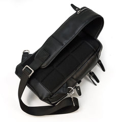 Leather Sling Bag Chest Bag Single Strap Pack - Black - USB Power Plug