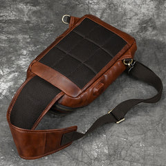 Leather Single Strap Pack Sling Bag Chest Bag - Coffee - USB Power Plug