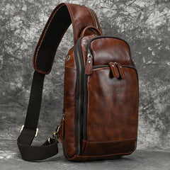 Leather Single Strap Pack Sling Bag Chest Bag - Coffee - USB Power Plug