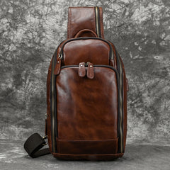 Leather Single Strap Pack Sling Bag Chest Bag - Coffee - USB Power Plug