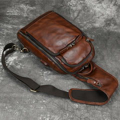 Leather Single Strap Pack Sling Bag Chest Bag - Coffee - USB Power Plug