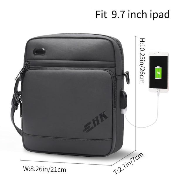 Waterproof Crossbody Bag Tablet Bag Handbag, USB Power Plug, Black/Gray