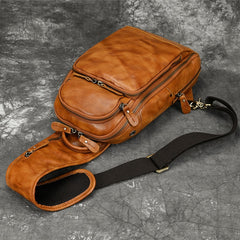 Leather Sling Bag Chest Bag Single Strap Pack - Caramel - USB Power Plug