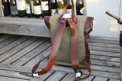 Retro Top Loading Backpack, Canvas & Leather, Black/Green/Maroon, Orange