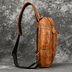 Leather Sling Bag Chest Bag Single Strap Pack - Caramel - USB Power Plug