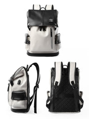 Unisex Black & White Vegan Leather Flap Backpack with USB Power Plug