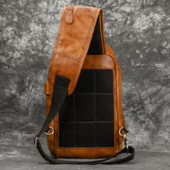 Leather Sling Bag Chest Bag Single Strap Pack - Caramel - USB Power Plug