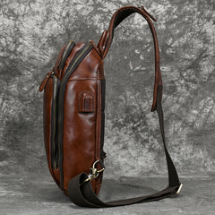 Leather Single Strap Pack Sling Bag Chest Bag - Coffee - USB Power Plug