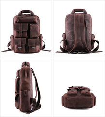 Classic Multi-Pocket Crazy Horse Leather Backpack for Travel and Office