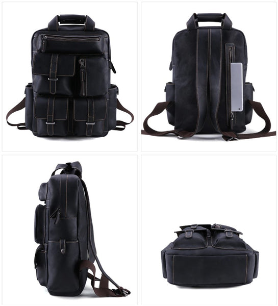 Classic Multi-Pocket Crazy Horse Leather Backpack for Travel and Office