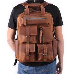 Classic Multi-Pocket Crazy Horse Leather Backpack for Travel and Office