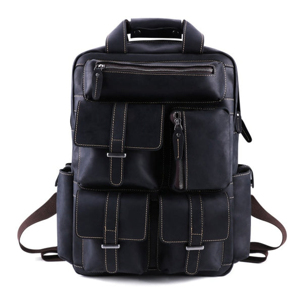 Classic Multi-Pocket Crazy Horse Leather Backpack for Travel and Office