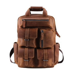 Classic Multi-Pocket Crazy Horse Leather Backpack for Travel and Office