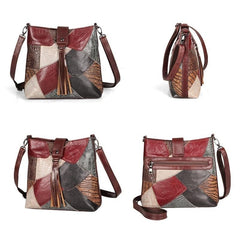 Bohemian Leather Messenger Bag Patchwork Satchel with Shoulder Strap