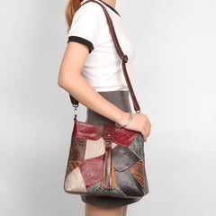 Bohemian Leather Messenger Bag Patchwork Satchel with Shoulder Strap