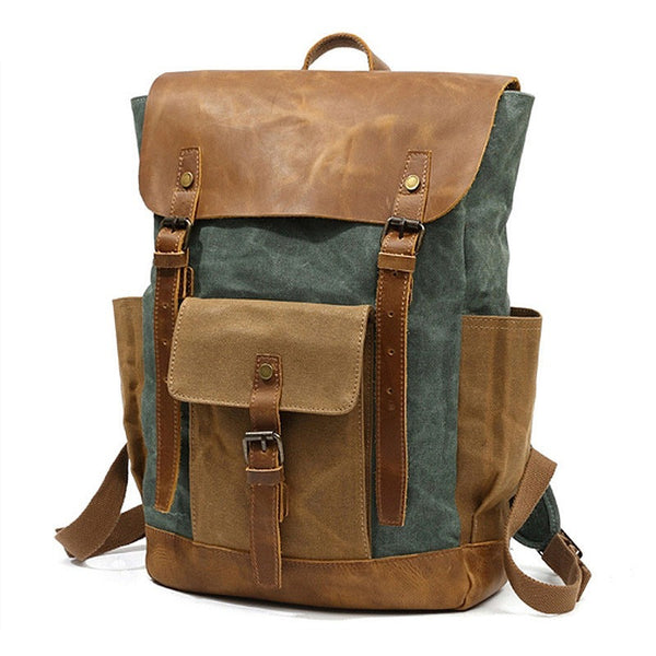 Vintage Two Toned Canvas Backpack with Leather Flap for Men and Women