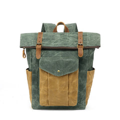 Unisex Two Toned Waxed Canvas Roll Top Backpack with Computer Sleeve