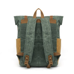 Unisex Two Toned Waxed Canvas Roll Top Backpack with Computer Sleeve