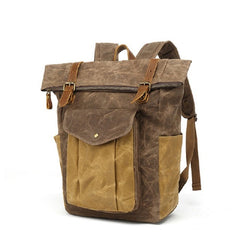 Unisex Two Toned Waxed Canvas Roll Top Backpack with Computer Sleeve