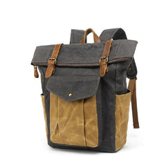 Unisex Two Toned Waxed Canvas Roll Top Backpack with Computer Sleeve