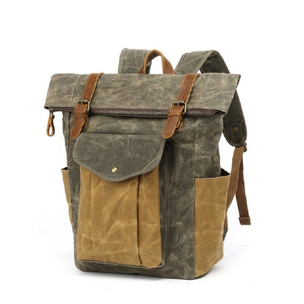 Unisex Two Toned Waxed Canvas Roll Top Backpack with Computer Sleeve